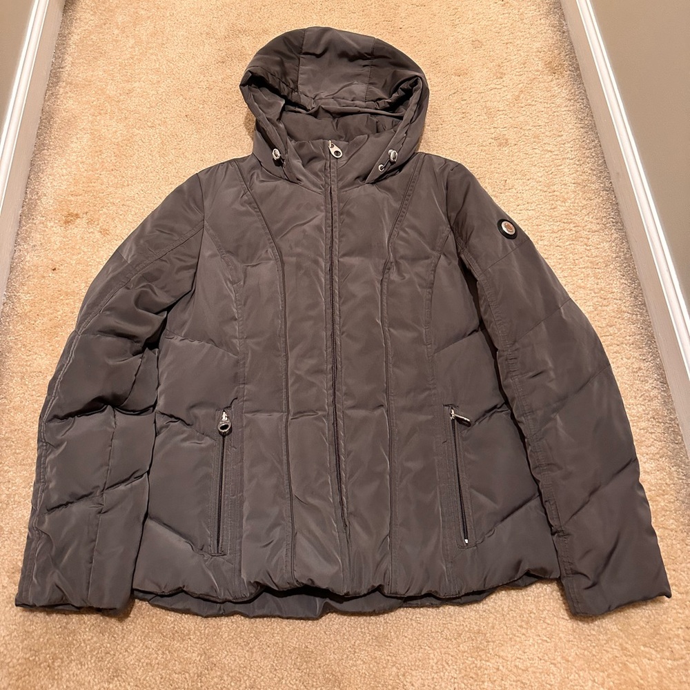 Calvin Klein Hood Puffer Jacket Leopard Print Lining Grey Women's Petite Medium